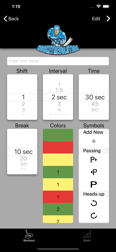 Pantalla de la aplicación Hockey Revolution para personalizar los intervalos de turnos de entrenamiento y los ejercicios codificados por colores