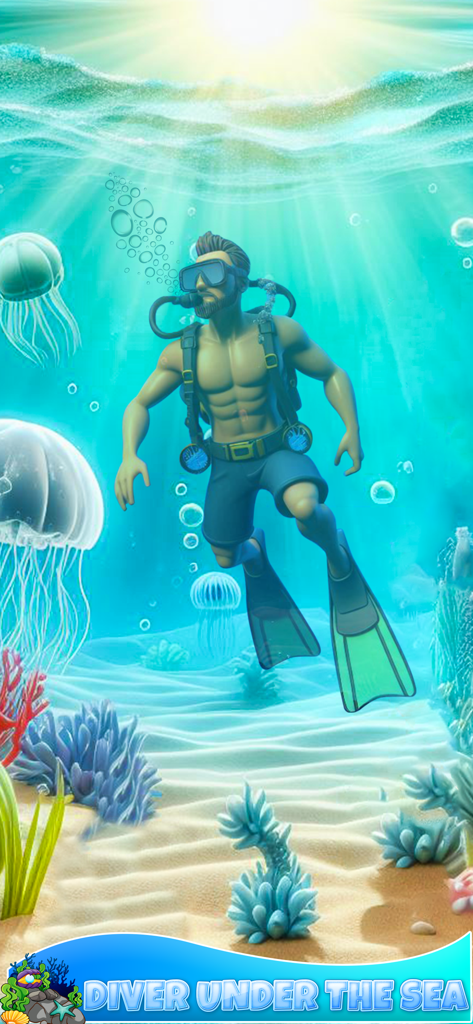A character scuba diving underwater with jellyfish and colorful coral in Flip Diving Master