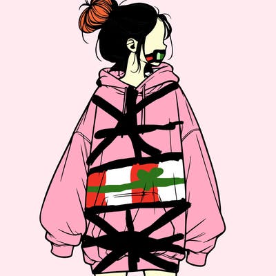 realistic girl with a oversized sweatshirt on and a bun