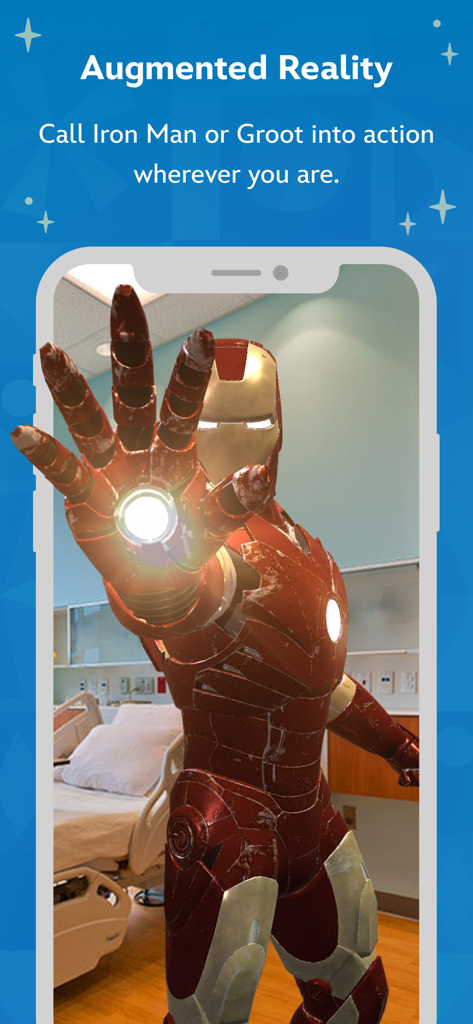 Disney Team of Heroes - Iron Man character in augmented reality inside a hospital room