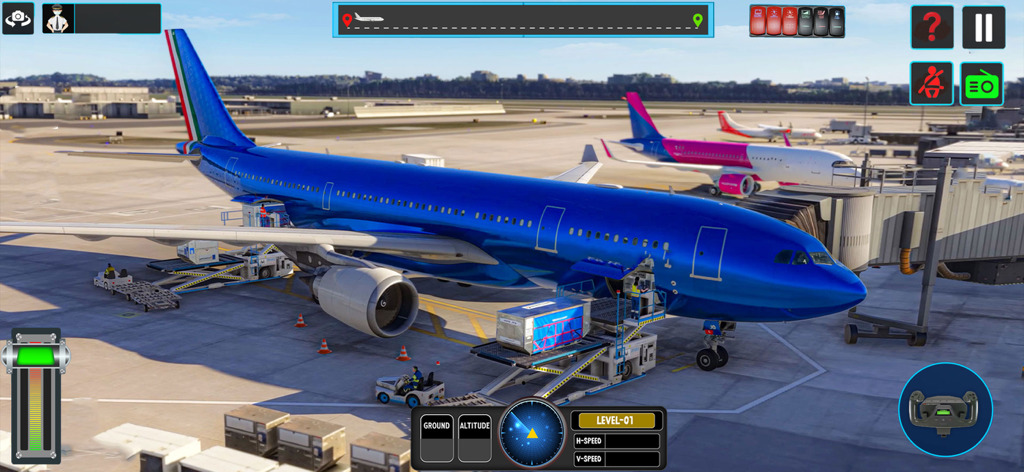 Airplane Flying Simulator Game - Um avião de passageiros azul estacionado em um portão de aeroporto durante o carregamento de carga em um simulador de voo realista.