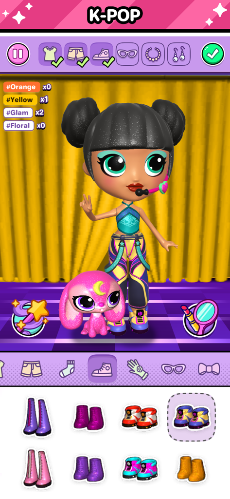 Go! Dolliz: Doll Dress Up Game - Una muñeca 3D con una estética K-POP y un conejo mascota rosa en la pantalla de selección de zapatos del juego de vestir Go! Dolliz