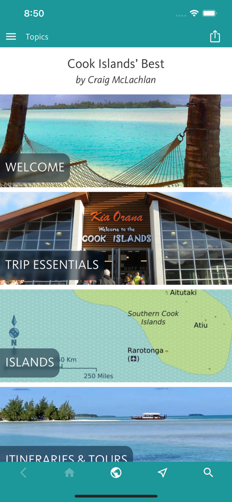 A tela inicial do aplicativo de viagem Cook Islands Best mostrando categorias como Essenciais da Viagem e Ilhas.