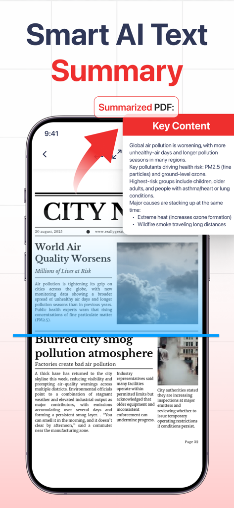 ドキュメントから主要なコンテンツを抽出するPDF AIアプリのスマートAIテキスト要約機能を示すスマートフォン画面。