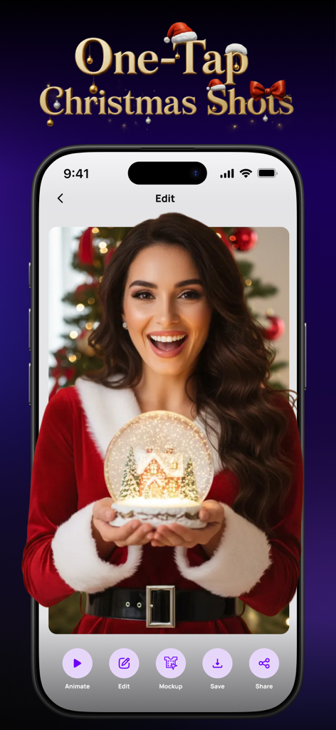 Hexa AI app interface showing a festive holiday portrait of a woman in a Santa costume holding a snow globe