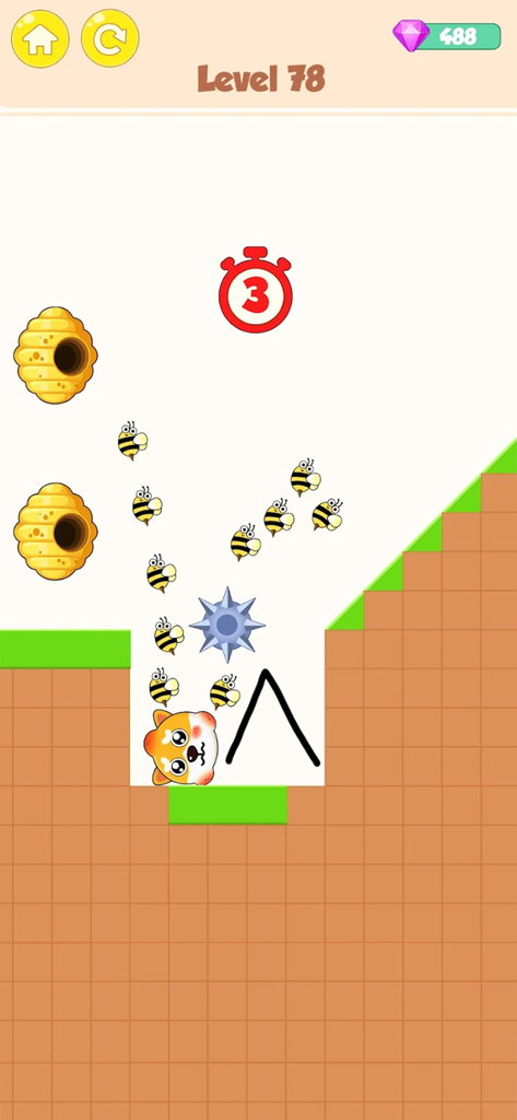 Save My Doggy - Dog Rescue - Écran de jeu de puzzle mobile montrant une ligne dessinée protégeant un chien des abeilles près des ruches