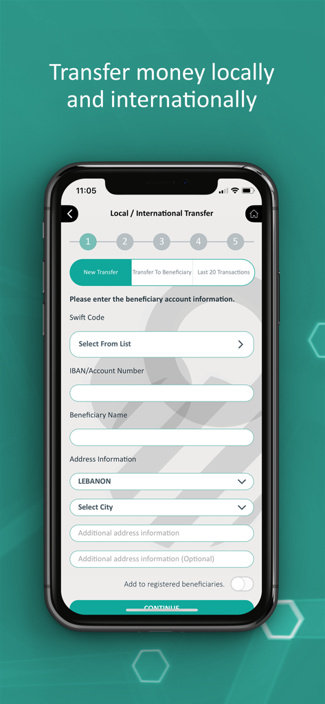 Bank Audi mobile app interface for local and international money transfers