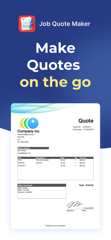 Eine professionelle Job-Angebotvorlage mit Firmenlogo und Unterschrift in der Job Quote Maker App