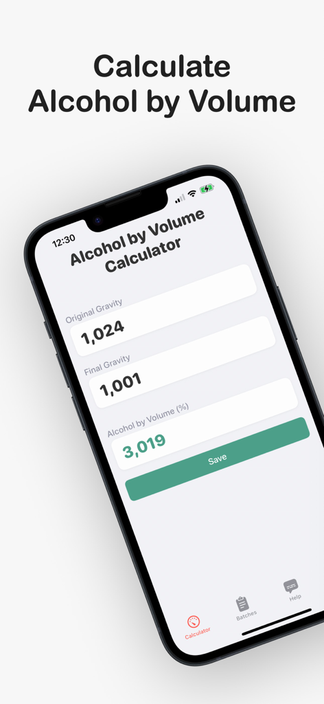 Calculate Alcohol by Volume - Mobile app interface for calculating alcohol by volume with gravity inputs