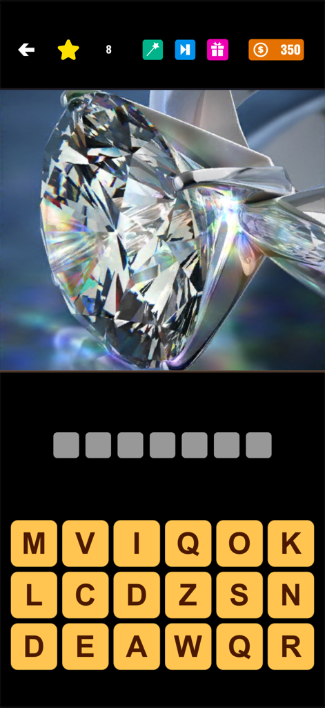 Un nivel de trivia visual en Pics Quiz Trivia que presenta una imagen de primer plano de un diamante brillante y una interfaz de acertijo de palabras
