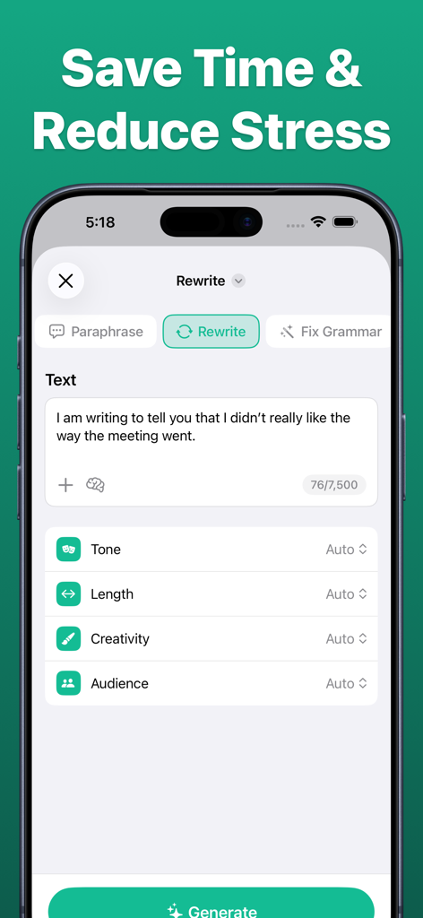 PaperMate app interface showing the AI rewrite and editing features to improve professional writing.