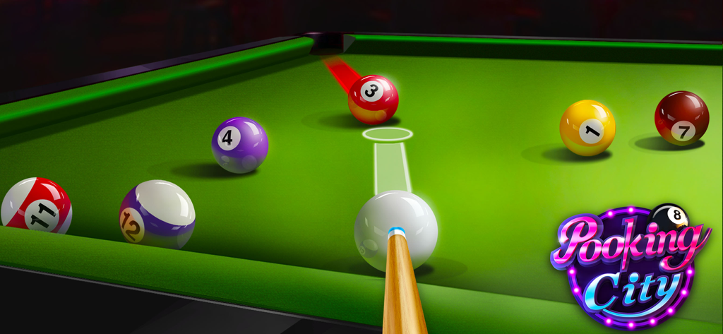 Pool gameplay in Pooking Billiards City showing a cue stick aiming a shot on a green table with numbered balls