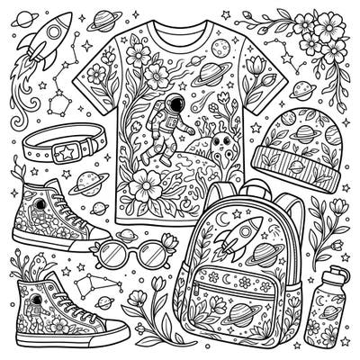 Discover a universe of creativity with this delightful coloring page, blending the wonder of space exploration with the fresh beauty of spring. Adorn fashion items like t-shirts, backpacks, and sneakers with vibrant colors, featuring astronauts, planets, rockets, and cheerful blossoms.