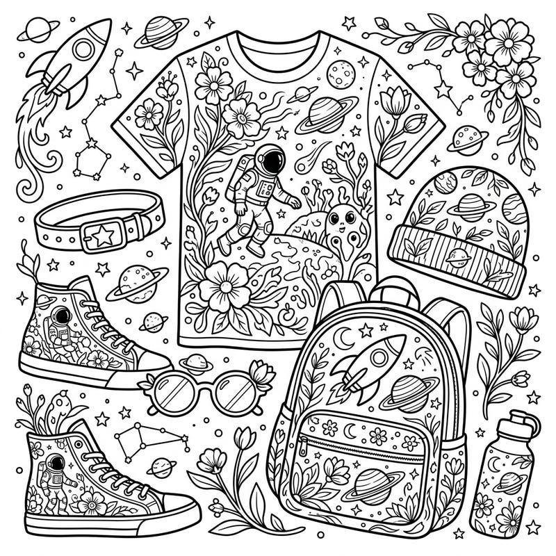 Discover a universe of creativity with this delightful coloring page, blending the wonder of space exploration with the fresh beauty of spring. Adorn fashion items like t-shirts, backpacks, and sneakers with vibrant colors, featuring astronauts, planets, rockets, and cheerful blossoms.