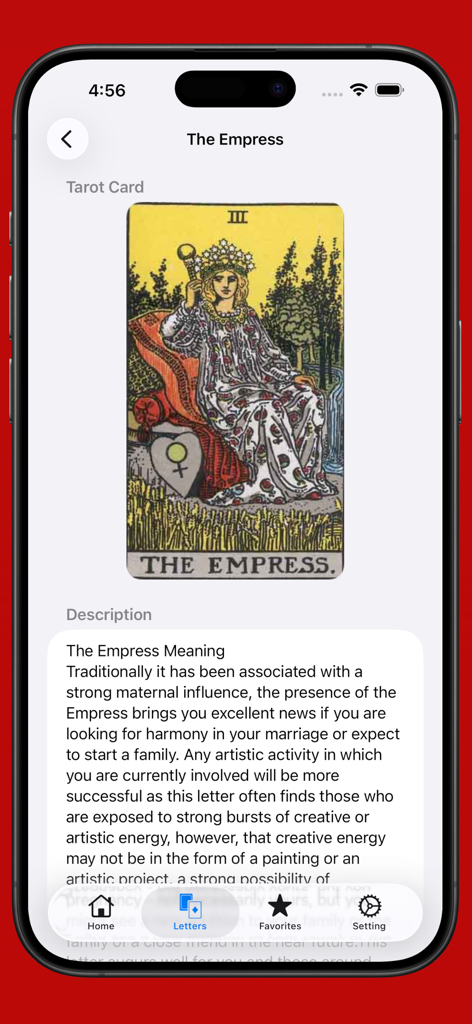 Tarot cards with meaning - The Empress tarot card displayed with its detailed meaning in a mobile application