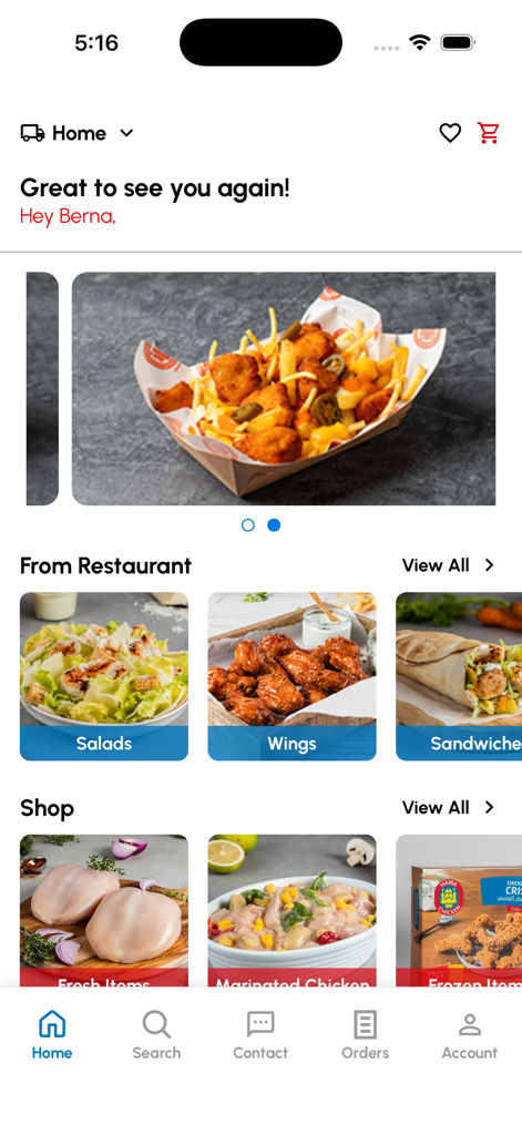 Hawa Chicken - Pantalla de inicio de la aplicación móvil Hawa Chicken que muestra el menú del restaurante y las categorías de tiendas de comestibles