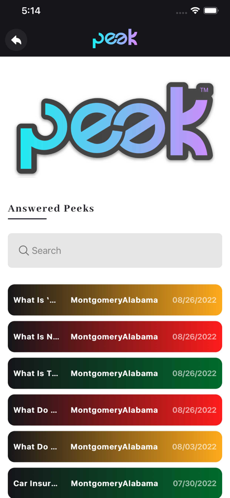 The Peek App - Interface of the Peek app showing a list of answered discharge planning queries categorized by location and date