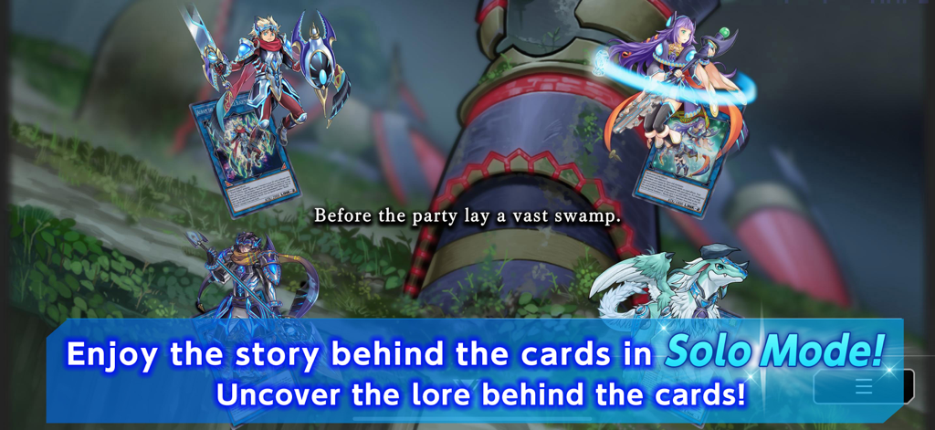 Schermata della modalità Solo di Yu Gi Oh Master Duel che mostra la storia delle carte e le illustrazioni dei personaggi.