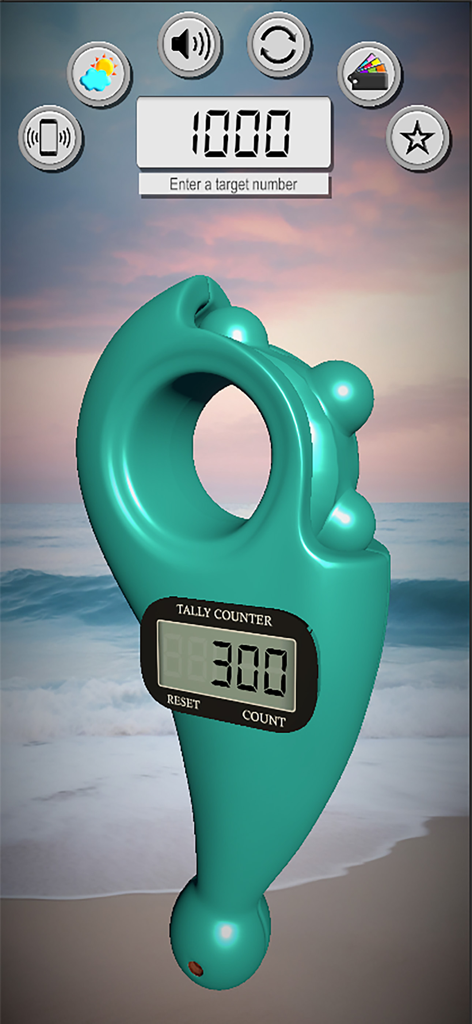 3D digital tasbeeh counter with teal color and beach background