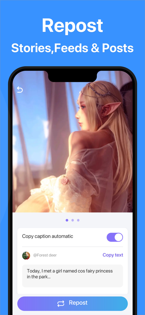 인스타그램 스토리 및 게시물의 캡션을 자동으로 복사하는 기능을 보여주는 Repost 앱 인터페이스.
