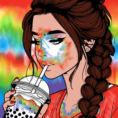 realistic girl drinking boba tea with braided hair
