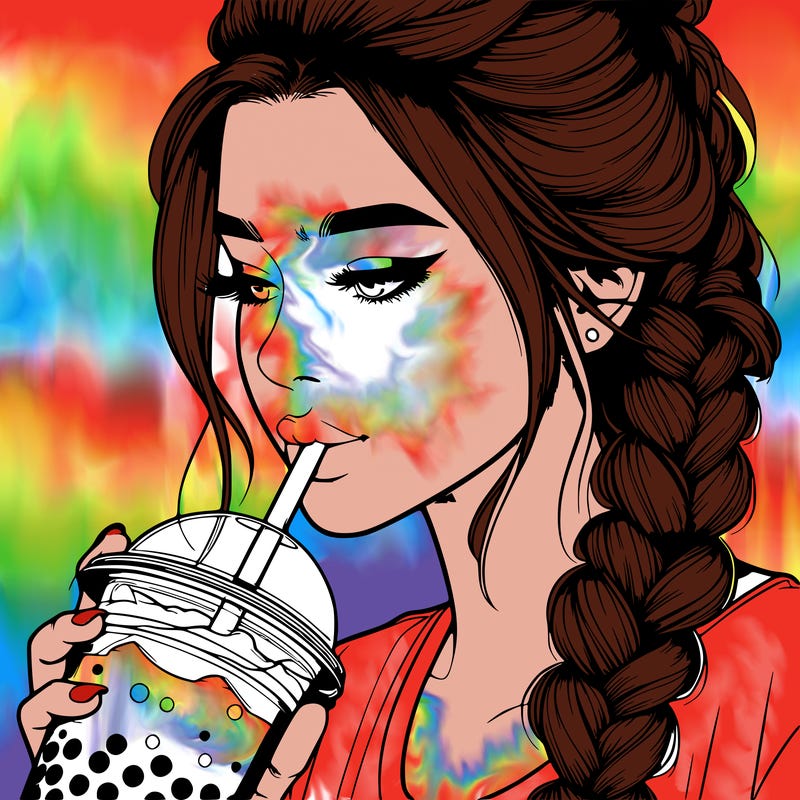 realistic girl drinking boba tea with braided hair