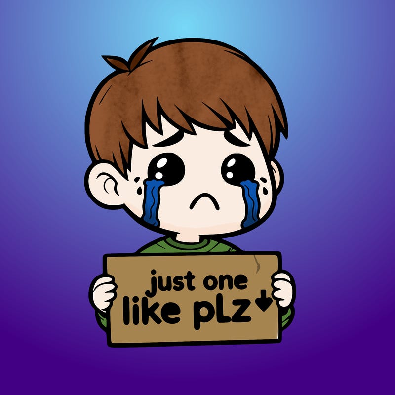 realistic crying boy with a sign saying just one like plz