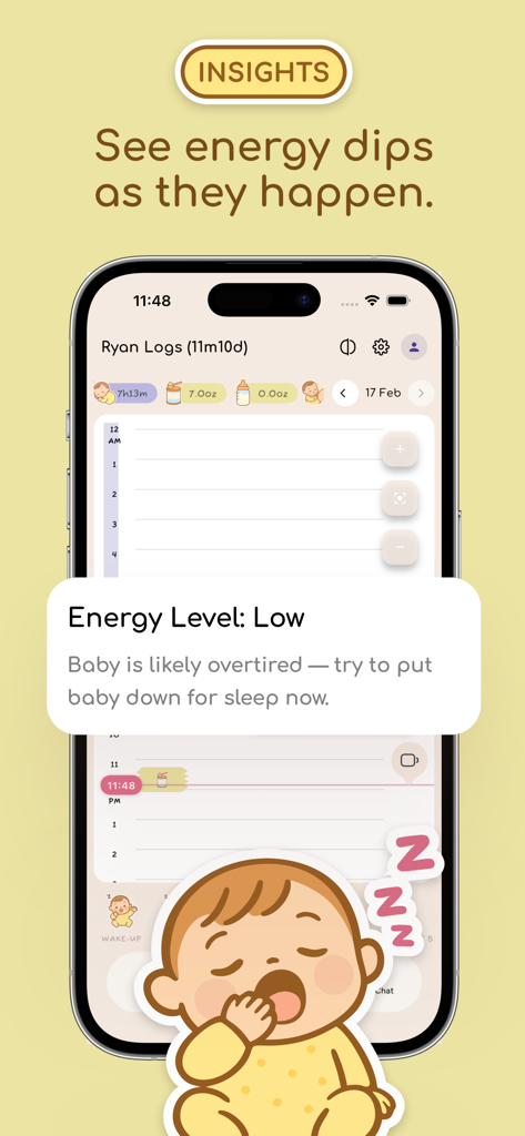 Cocoo: AI Baby Sleep Debugger - A screenshot of the Cocoo app showing an energy level alert for an overtired baby with a prompt to put them down for sleep.