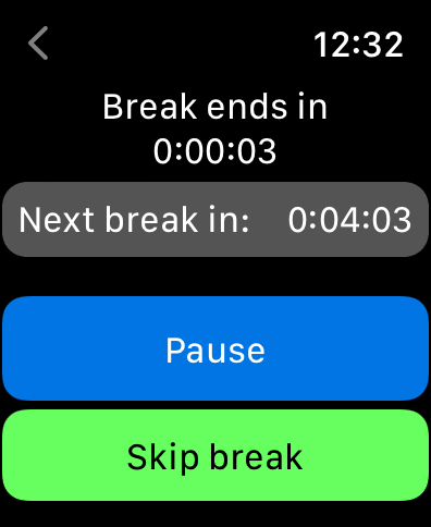 Heads up! - Poker Blind Timer - Apple Watch interface showing a countdown timer for a poker tournament break with options to pause or skip