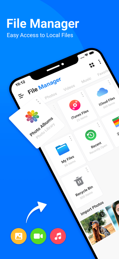 Interfaz de usuario de la aplicación My Files mostrando varias categorías de archivos y opciones de almacenamiento en un iPhone