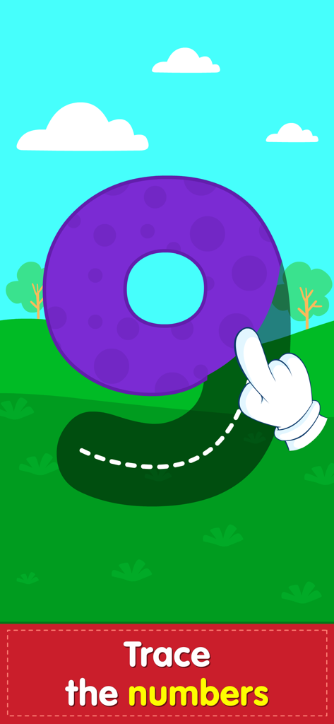 123 Number Math Games for Kids - Una mano de dibujos animados trazando el número nueve en un juego de aprendizaje de matemáticas para pequeños