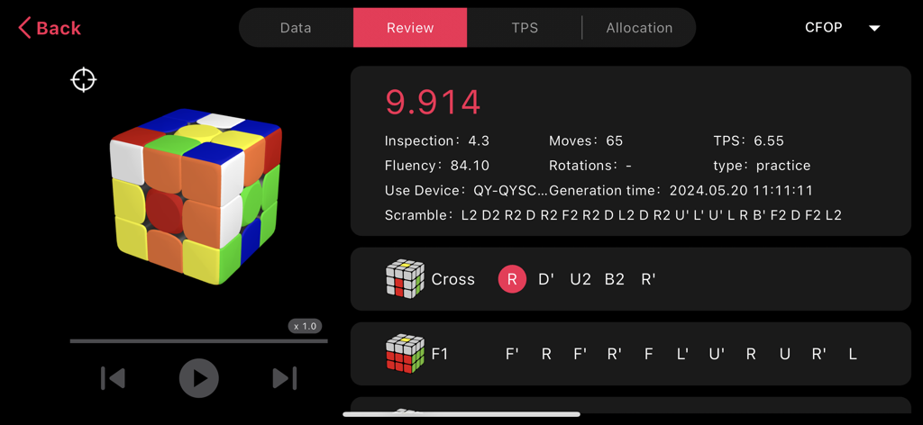 Smart Player Pro - Tela de análise de desempenho mostrando estatísticas de resolução de cubo mágico e visualização 3D do gêmeo digital