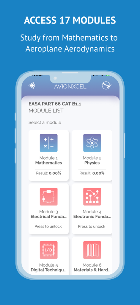 Interface d'application mobile montrant les modules d'étude EASA Part 66 pour les techniciens de maintenance aéronautique, y compris les mathématiques et la physique