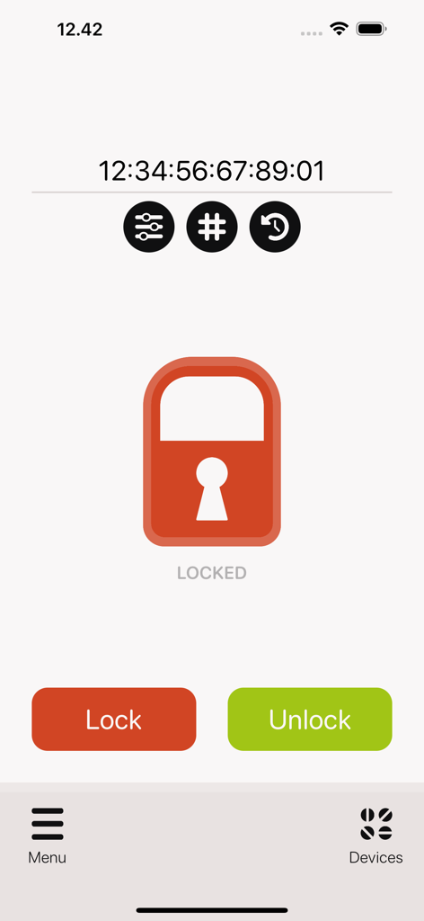Danalock - Danalock app interface showing a locked smart lock status with red and green control buttons