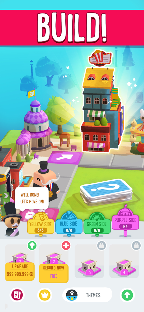 Board Kings game interface showing how to build and upgrade buildings on a colorful 3D board