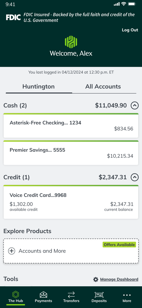 Huntington Mobile Banking - Huntington Mobile Banking app dashboard displaying account balances for checking, savings, and credit.