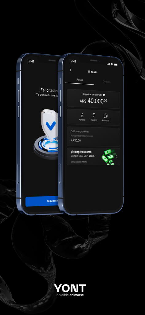 Panel de la aplicación fintech YONT mostrando el saldo de la cuenta y las opciones de inversión en dispositivos móviles
