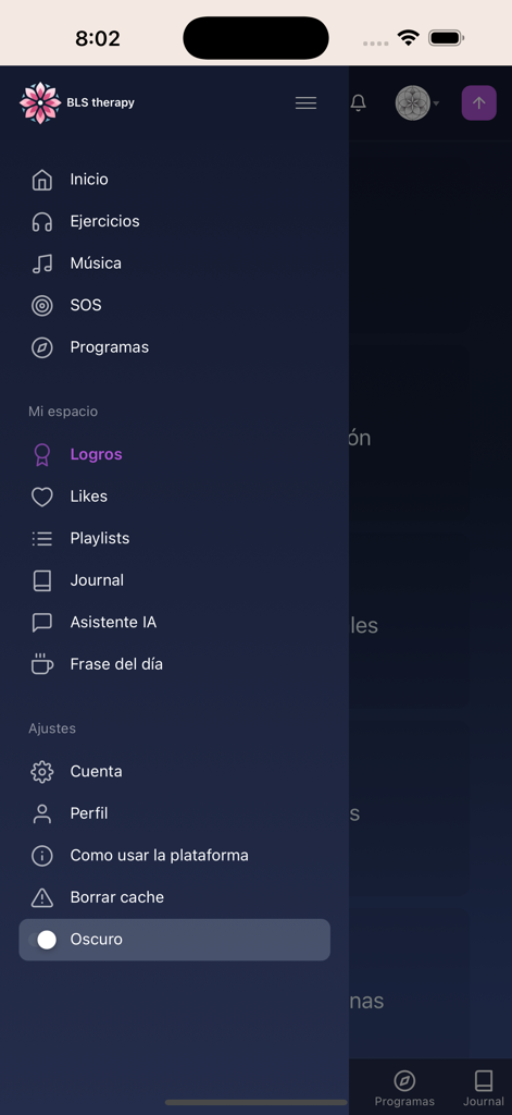 BLS therapy - Navigation menu of the BLS Therapy app showing wellness features like exercises music and journaling in Spanish