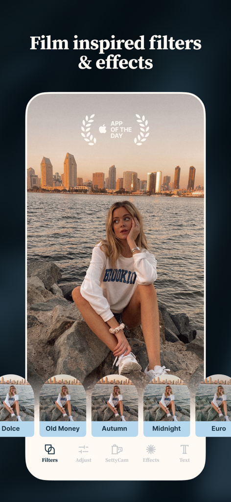Interface de l'application Setty affichant divers filtres photo inspirés des films comme Old Money et Autumn appliqués à une image lifestyle.