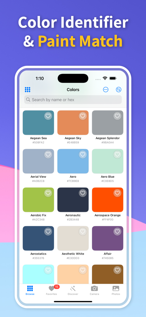 Color Identifier: Paint Match - Mobile app screen displaying a grid of color swatches with names and hex codes for design and home improvement