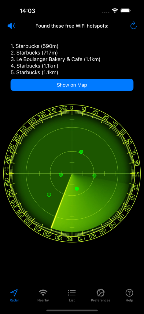 Free WiFi - Interface radar de l'application Free WiFi affichant les points d'accès Wi-Fi à proximité et leur distance.