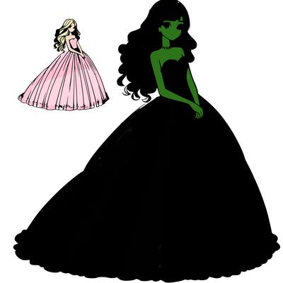 realistic girl in very long ball dress.