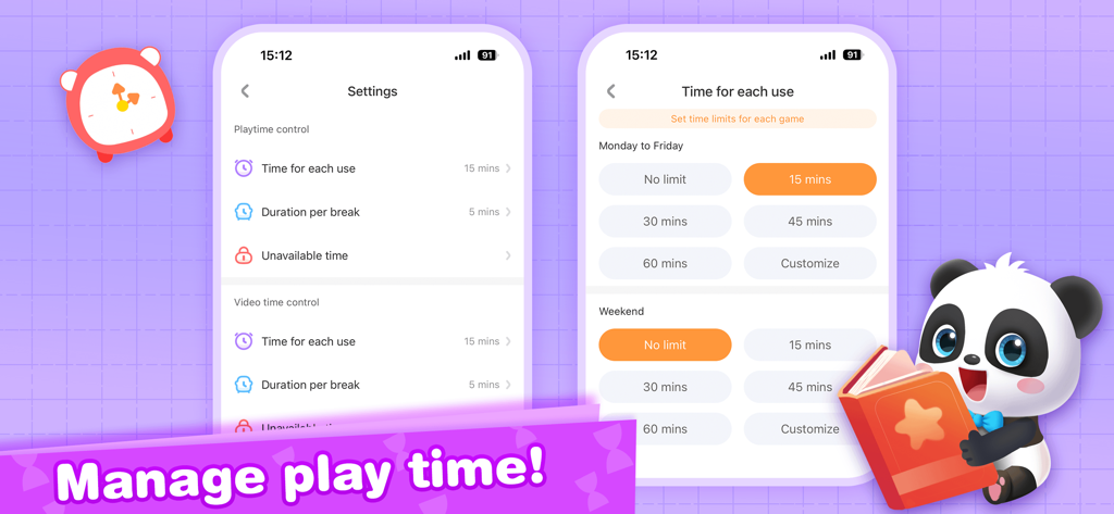 Parental settings interface for managing screen time and playtime limits in the Baby Panda app