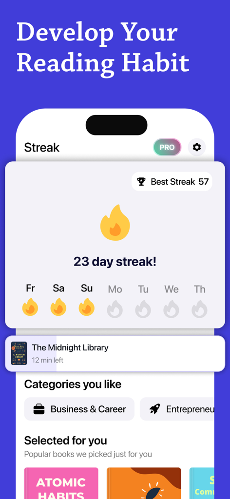 Interfaz de la aplicación Sparkle que muestra un rastreador de racha de hábitos de lectura de 23 días y recomendaciones de libros personalizadas.