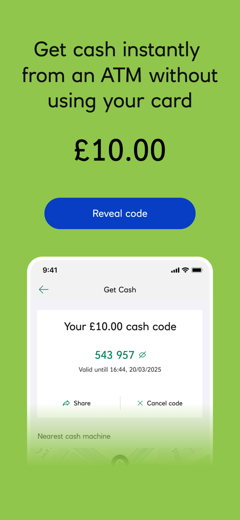 Isle of Man Bank - Isle of Man Bank app interface showing a unique cash code for cardless ATM withdrawals