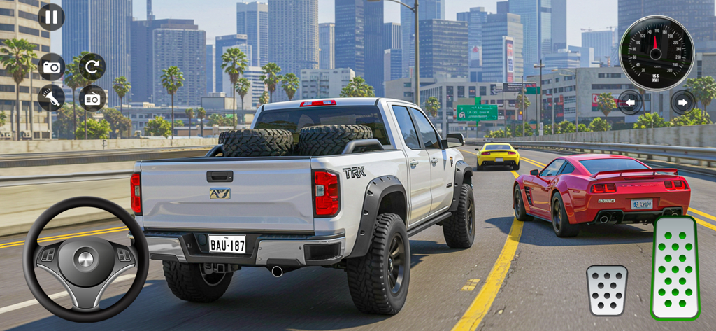 Car Driving Simulator Game - A white pickup truck and red sports car on a city highway in a realistic car driving simulator game