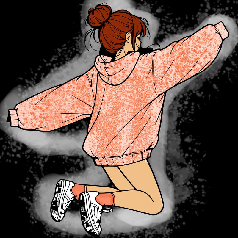 realistic girl jumping with a bun and oversized sweatshirt