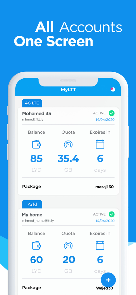 MyLTT - Panel de la aplicación MyLTT que muestra el saldo y la cuota de las cuentas 4G LTE y ADSL en una sola pantalla.