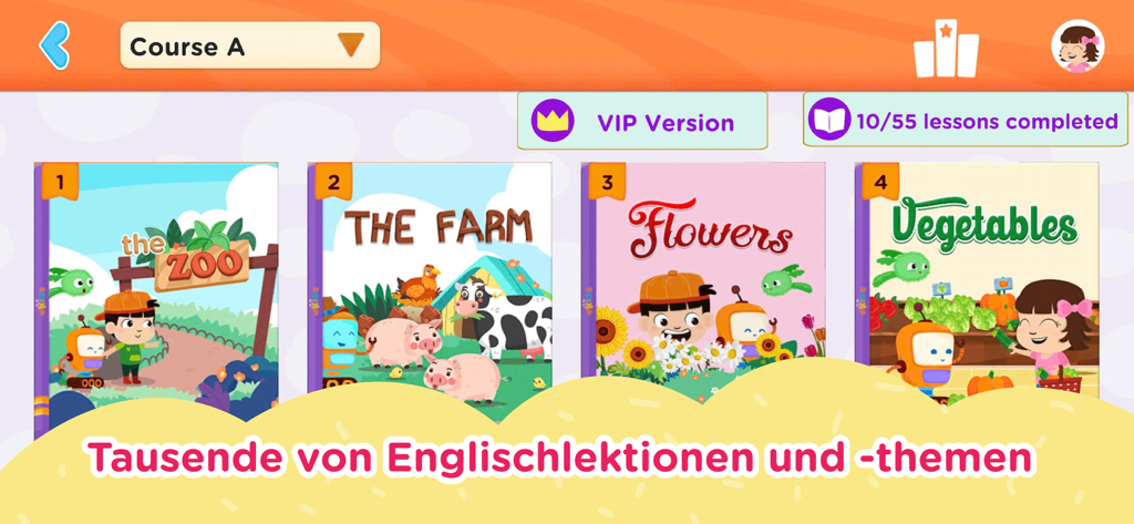 Interfaz de una aplicación de aprendizaje de idiomas para niños que muestra lecciones bilingües para temas como el zoológico y la granja