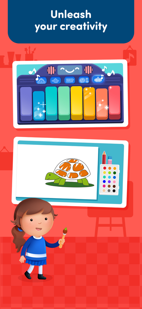 Benutzeroberfläche einer Lern-App für Kinder, die Musik- und Zeichenaktivitäten unter der Überschrift ‚Entfessle deine Kreativität‘ zeigt